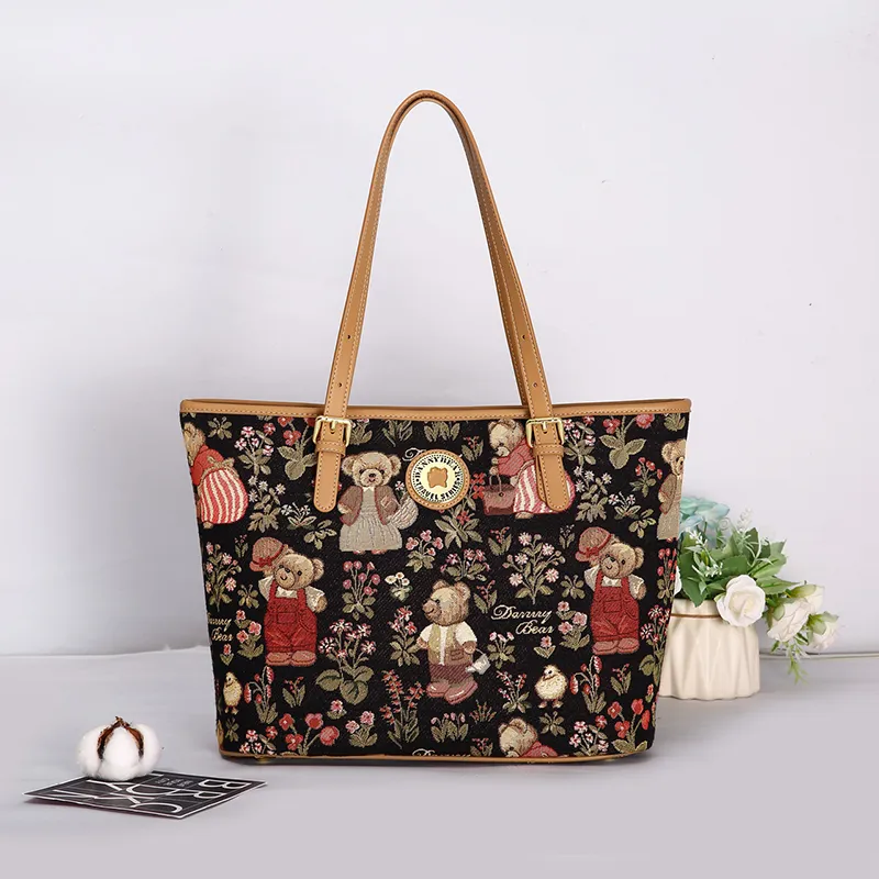 DANNYBEARJEANS Fabric Tote Bag, Shoulder Bag Women's Secret Garden Bear Black/Secret Garden Bear White-2