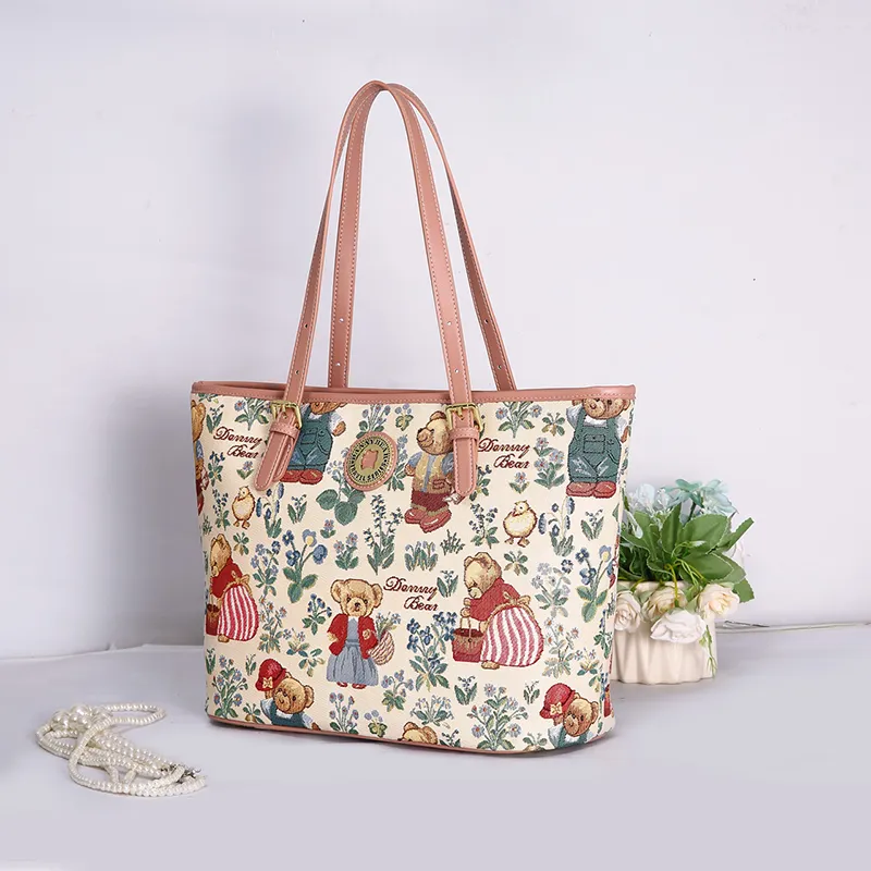 DANNYBEARJEANS Fabric Tote Bag, Shoulder Bag Women's Secret Garden Bear Black/Secret Garden Bear White-7