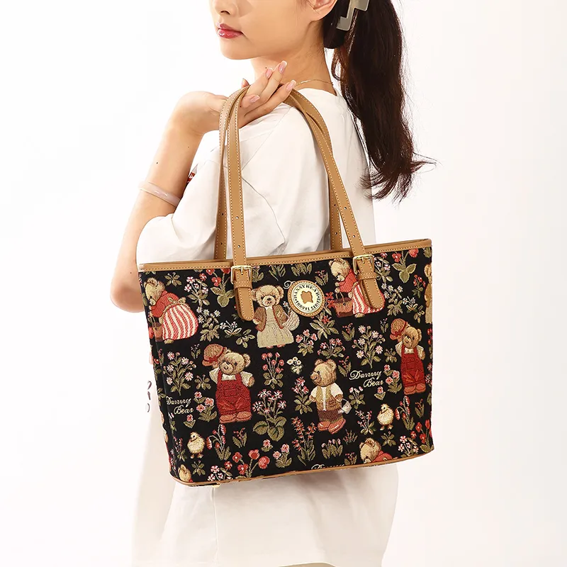 DANNYBEARJEANS Fabric Tote Bag, Shoulder Bag Women's Secret Garden Bear Black/Secret Garden Bear White-4