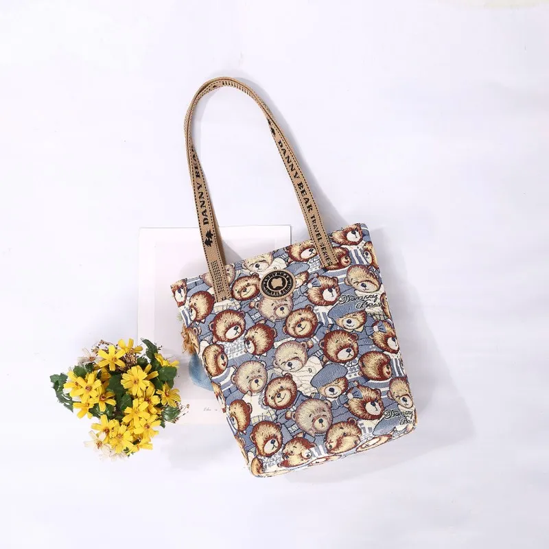 DANNYBEARJEANS Fabric Tote Bag, Shopping Bag, Shoulder Bag Women's Vintage Bear Blue-2