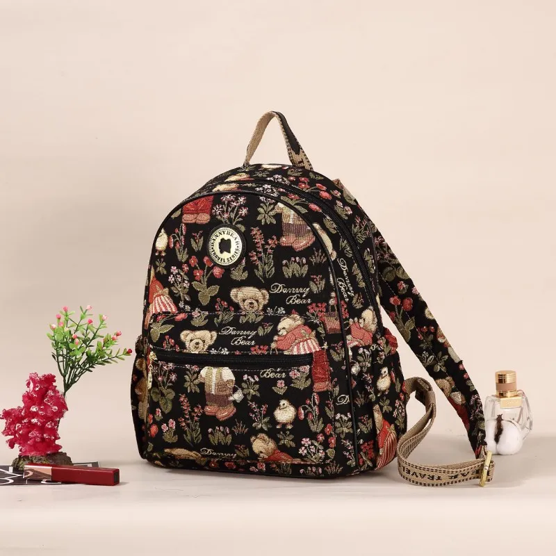 DANNYBEARJEANS Fabric Backpack Unisex Secret Garden Bear Black/Secret Garden Bear White-2