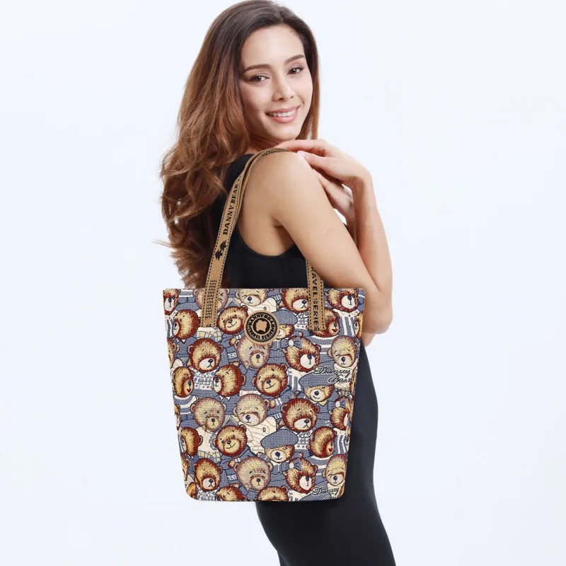 DANNYBEARJEANS Fabric Tote Bag, Shopping Bag, Shoulder Bag Women's Vintage Bear Blue-4