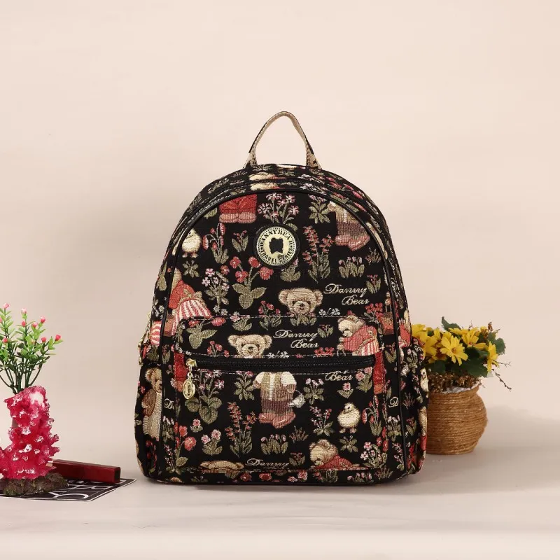 DANNYBEARJEANS Fabric Backpack Unisex Secret Garden Bear Black/Secret Garden Bear White-1