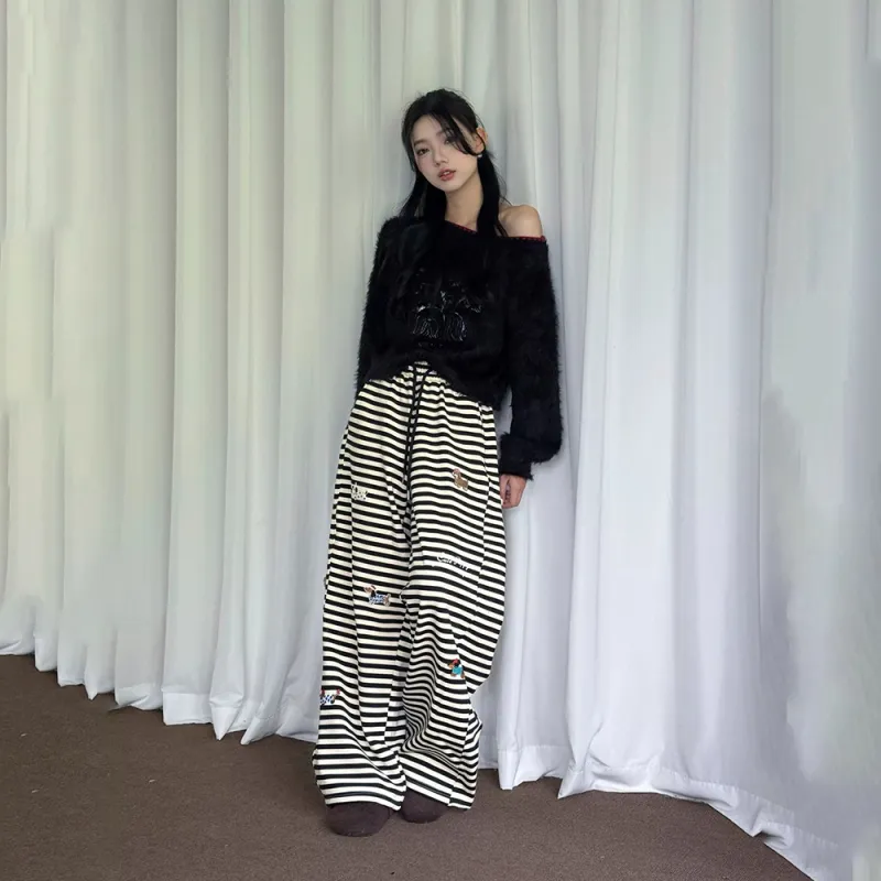 HTHK Casual Pants Women's Striped Embroidery-3
