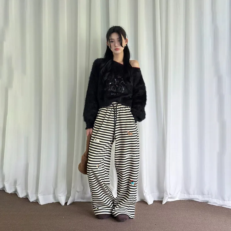 HTHK Casual Pants Women's Striped Embroidery-2