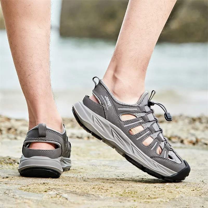 Jeep Breathable Anti Slip And Wear Resistant River Trekking Shoes Men's Light Gray-7