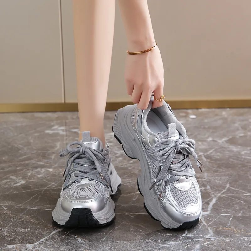 Boogie Bear Height Increasing Low Top Chunky Sneakers Women's Silver-1
