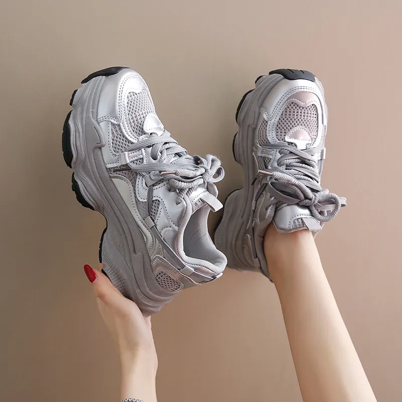 Boogie Bear Height Increasing Low Top Chunky Sneakers Women's Silver-2