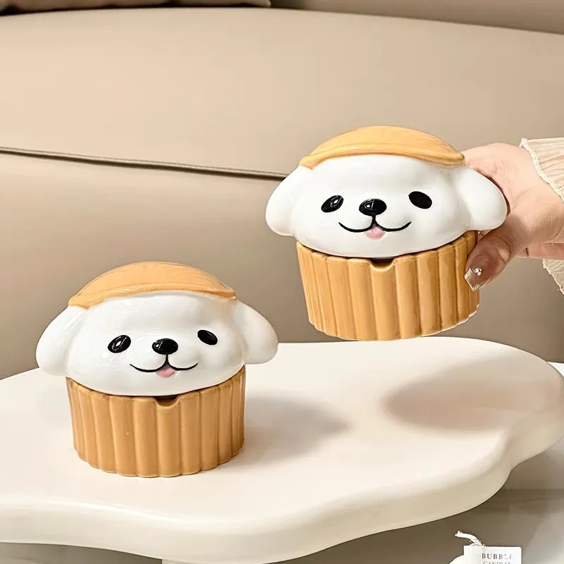 KERPA Creative Cake Puppy Ashtray With Lid, Adorable Style Ashtray, Home Living Room Tea Table Accessories, Small Size-3