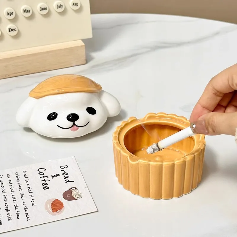 KERPA Creative Cake Puppy Ashtray With Lid, Adorable Style Ashtray, Home Living Room Tea Table Accessories, Small Size-1