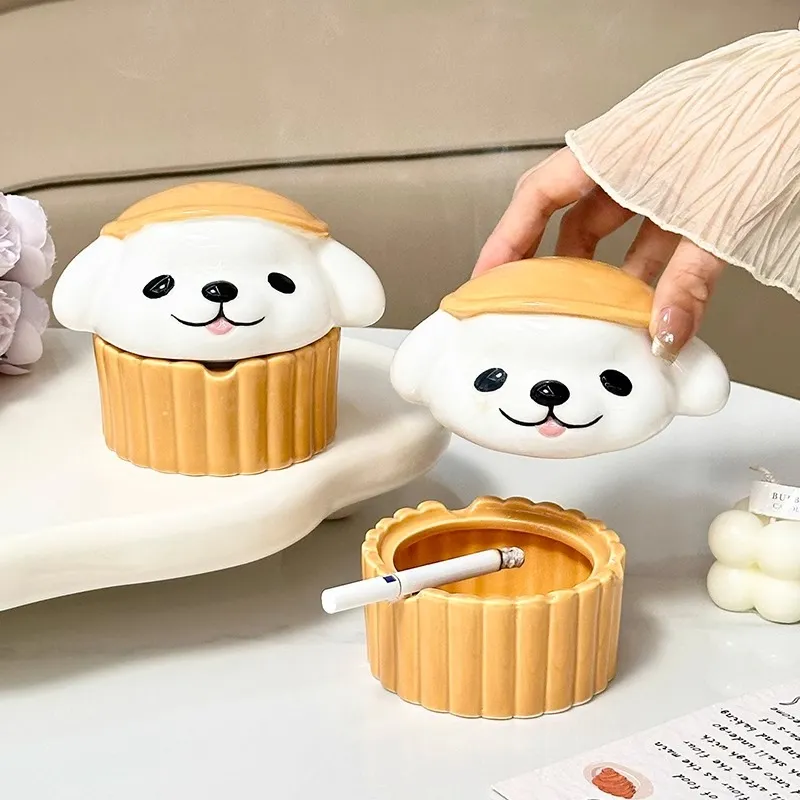 KERPA Creative Cake Puppy Ashtray With Lid, Adorable Style Ashtray, Home Living Room Tea Table Accessories, Small Size-2