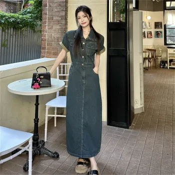 MADALLO Short Sleeved Dress Women's Vintage Blue