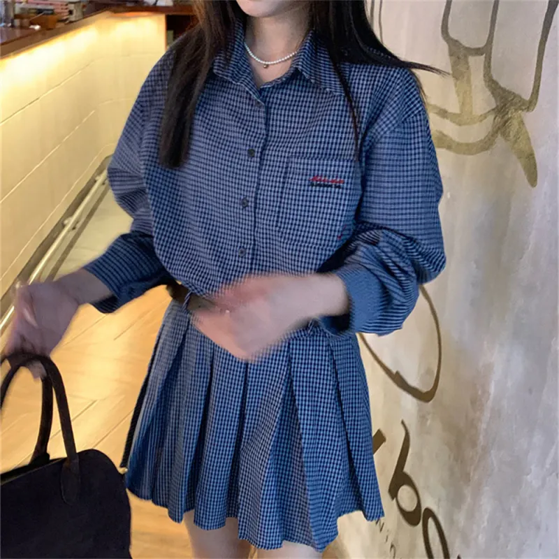 MADALLO Long Sleeved Dress Women's Blue Plaid Skirt-2