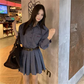MADALLO Long Sleeved Dress Women's Blue Plaid Skirt