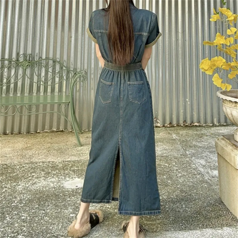 MADALLO Short Sleeved Dress Women's Vintage Blue-5