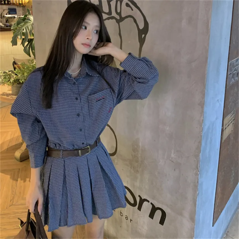 MADALLO Long Sleeved Dress Women's Blue Plaid Skirt-1