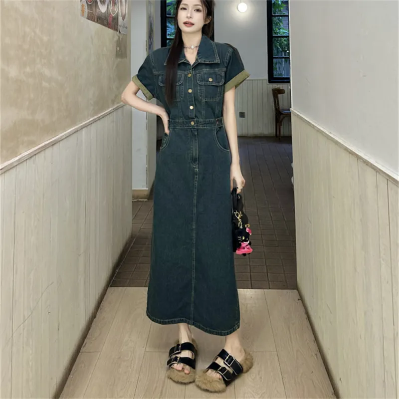 MADALLO Short Sleeved Dress Women's Vintage Blue-4