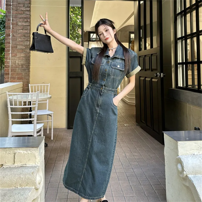 MADALLO Short Sleeved Dress Women's Vintage Blue-2