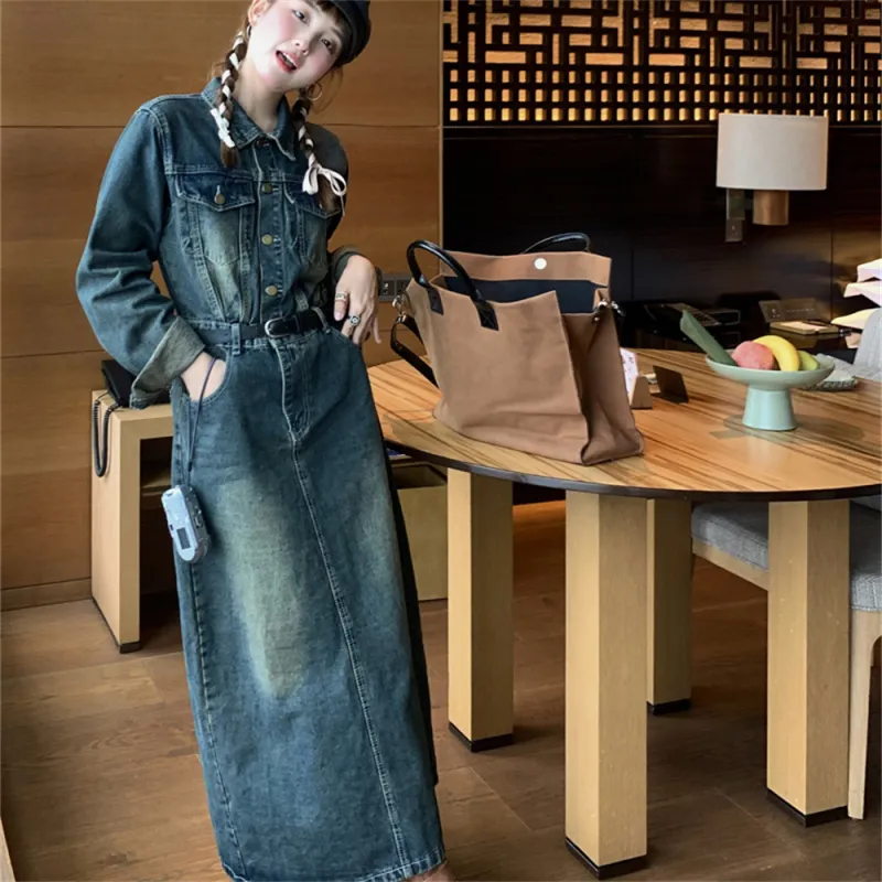 MADALLO Long Sleeved Dress Women's Vintage Nostalgic Blue-3