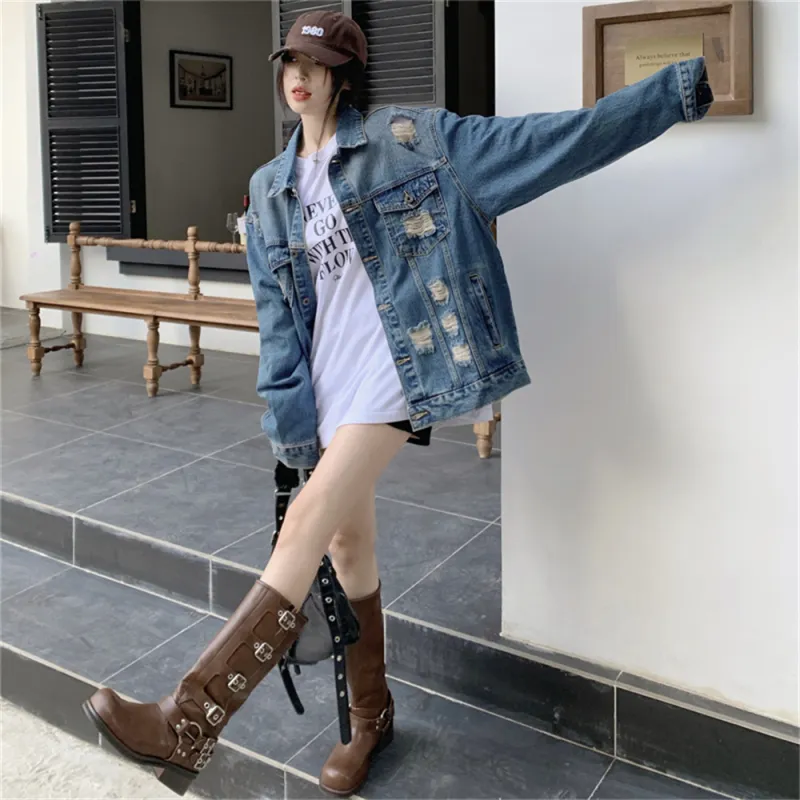 MADALLO Denim Jacket Women's Ripped Distressed-4