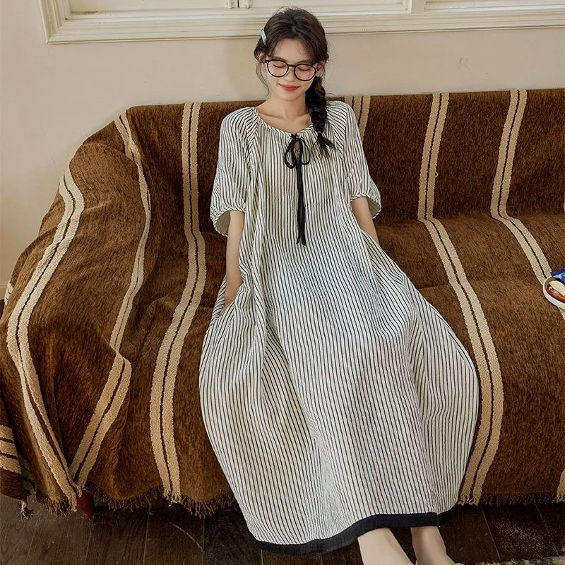 XISHE Nightgown Women's Black White Stripes-1