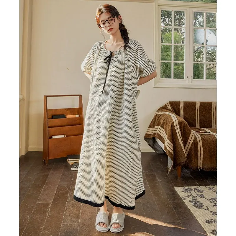 XISHE Nightgown Women's Black White Stripes-3