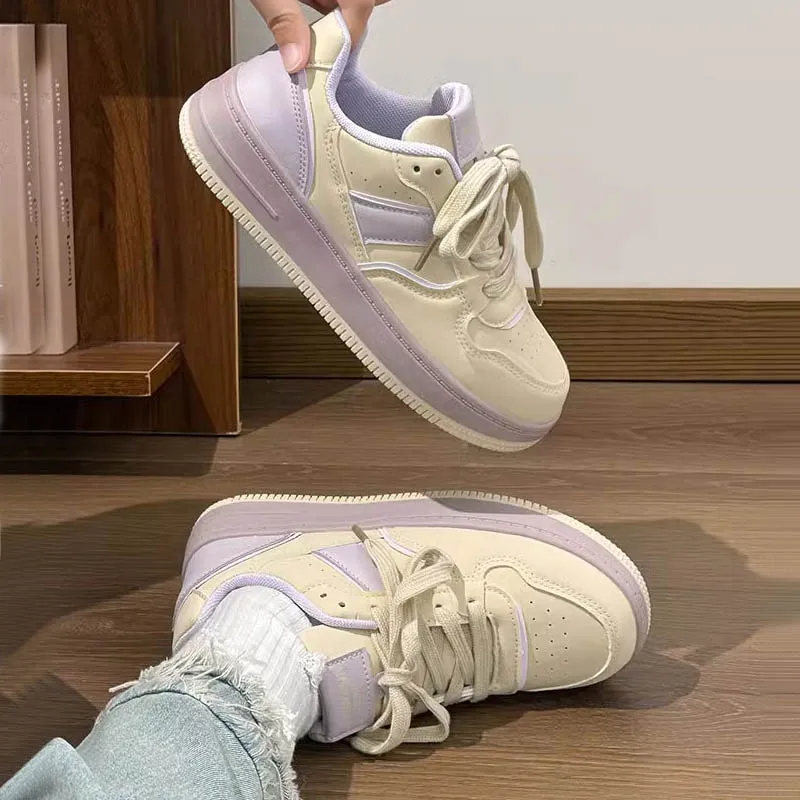Alxnan Low Top Skateboard Shoes Women's Beige Purple-2