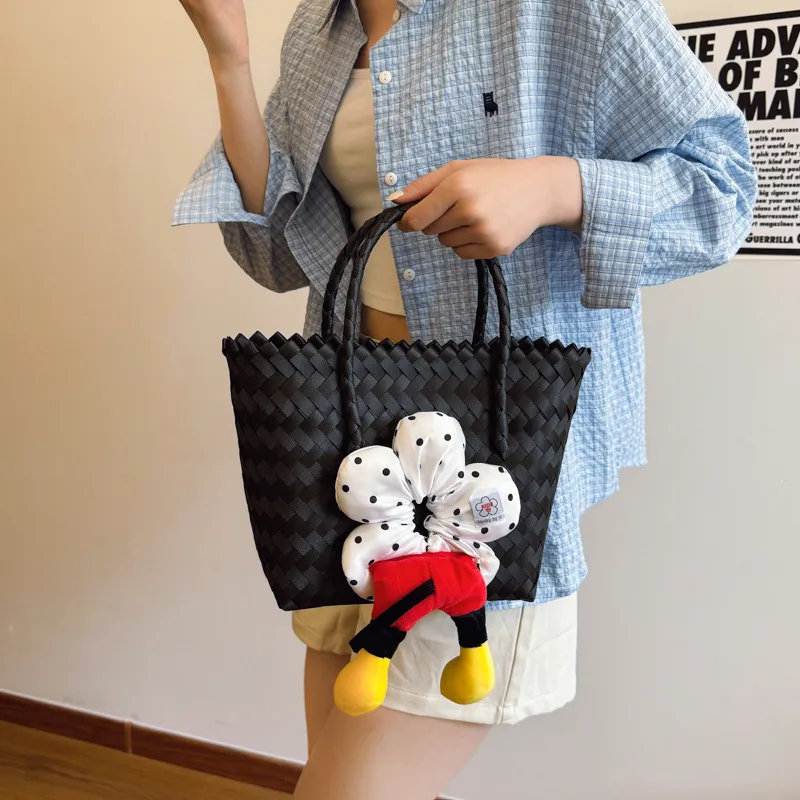 Rainbow Girl Woven Handbag Women's Black-17