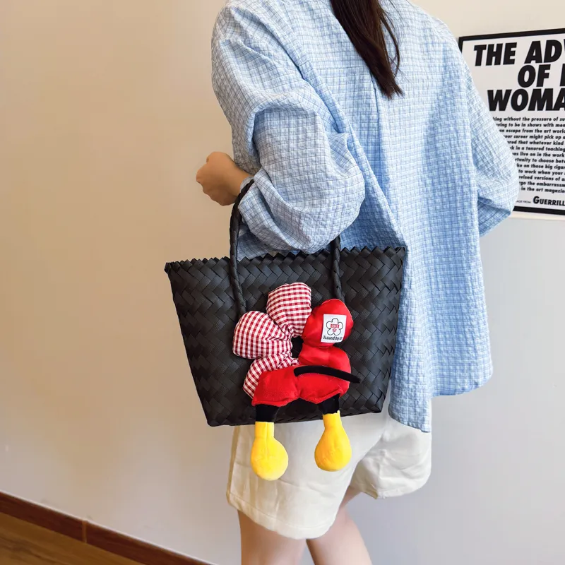 Rainbow Girl Woven Handbag Women's Black-4