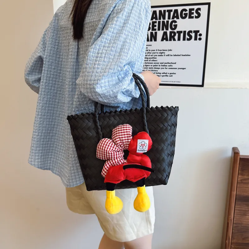 Rainbow Girl Woven Handbag Women's Black-2