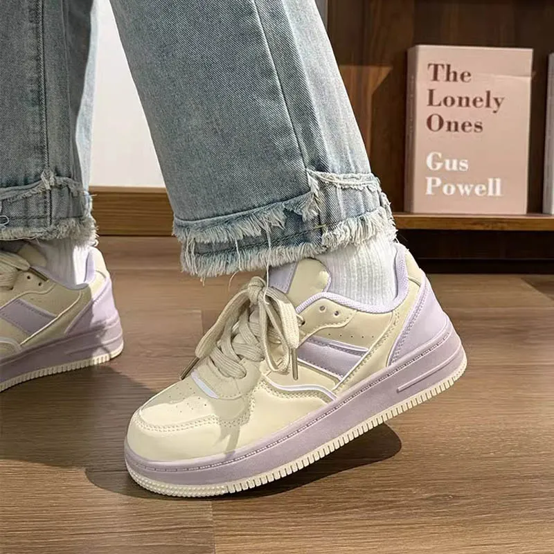 Alxnan Low Top Skateboard Shoes Women's Beige Purple-1