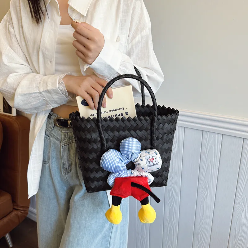 Rainbow Girl Woven Handbag Women's Black-12