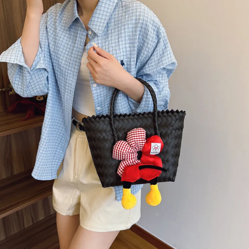 Rainbow Girl Woven Handbag Women's Black-6