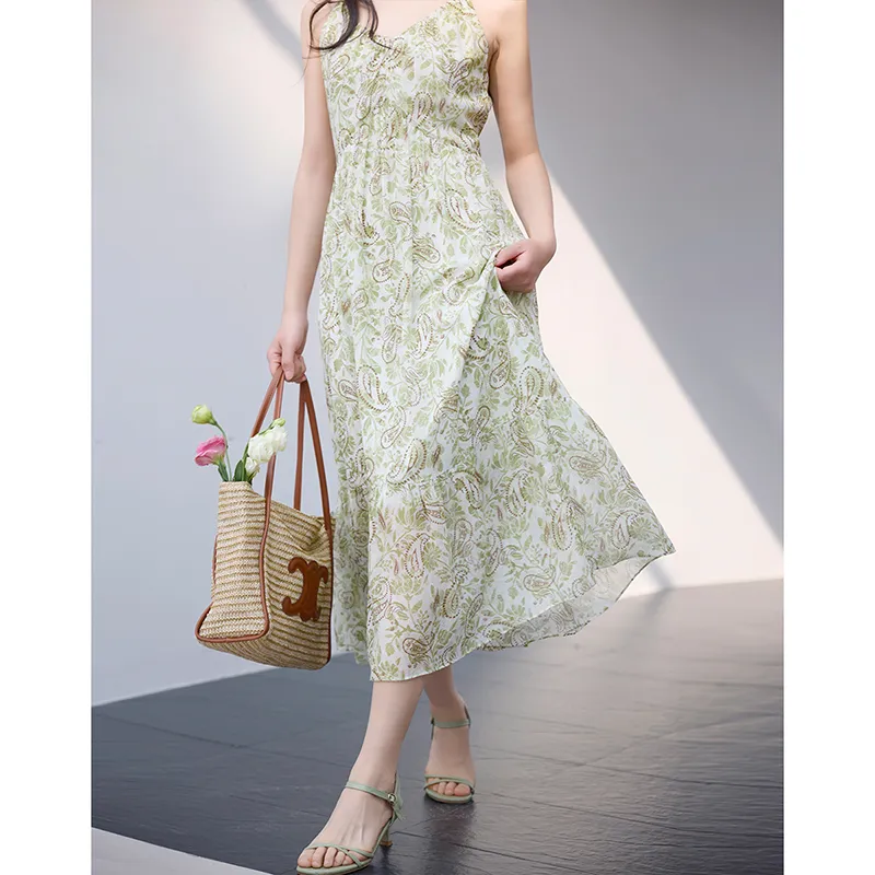 SNOWFORTE Slip Dresses Women's Green Print-4