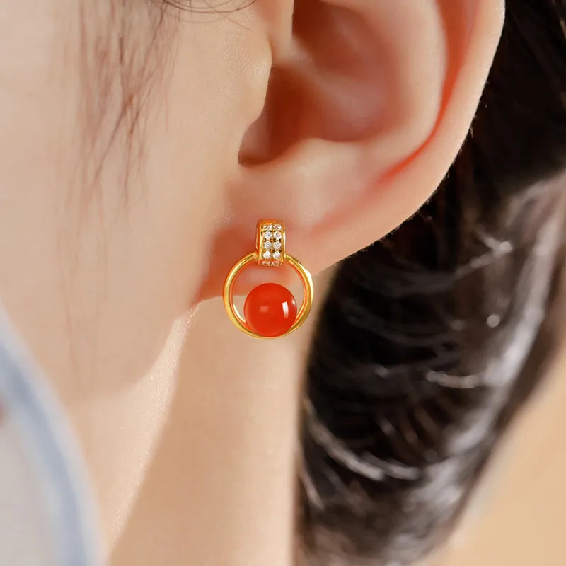 MUXIYUAN Southern Red Agate Stud Earrings Women's-1