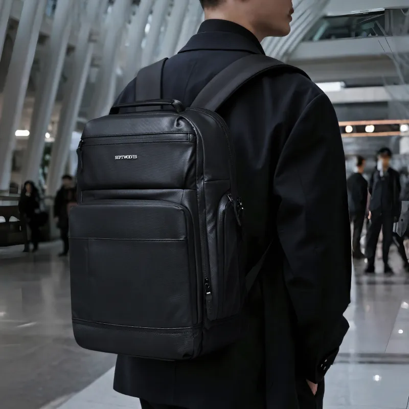 SEPTWOLVES PVC Students Backpack Laptop Backpack Travel Bag QPL Unisex Black-7