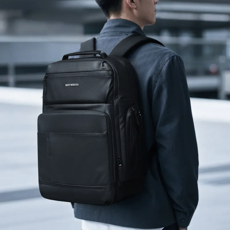 SEPTWOLVES PVC Students Backpack Laptop Backpack Travel Bag QPL Unisex Black-5