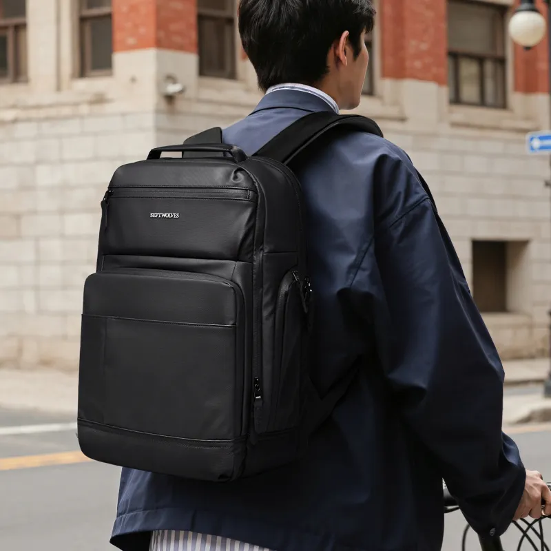 SEPTWOLVES PVC Students Backpack Laptop Backpack Travel Bag QPL Unisex Black-6