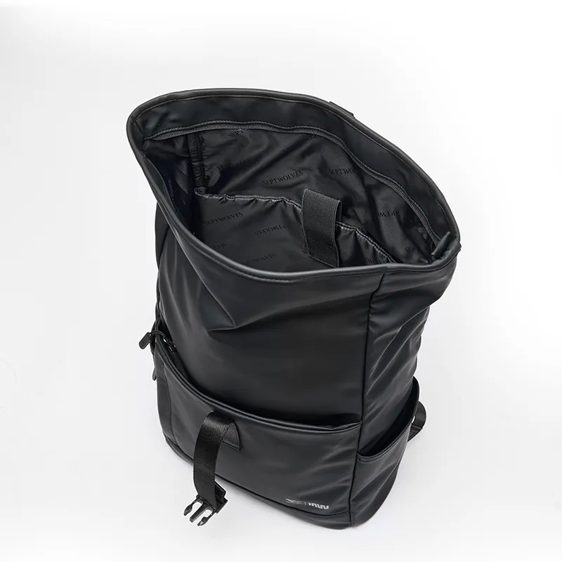 SEPTWOLVES PU Men's QPL Leather Large Capacity Backpack For Business Commute Unisex Black-3