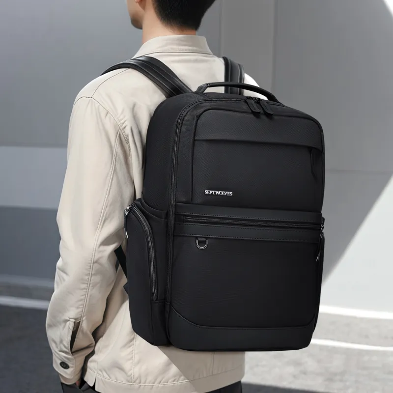 SEPTWOLVES Fabric Versatile Workplace Style Double Shoulder Backpack QPL Unisex Black-6