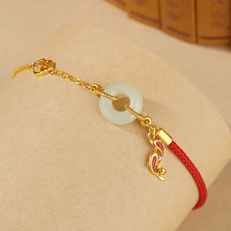 Fu Ru Ji Hetian Jade 925 Sterling Silver Anklet Women's Pale Greenish White Jade-4