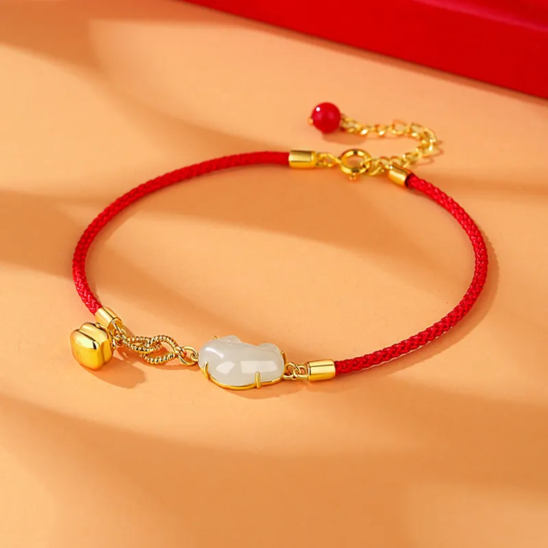 Fu Ru Ji Hetian Jade S999 Silver Anklet Women's Pale Greenish White Jade-3