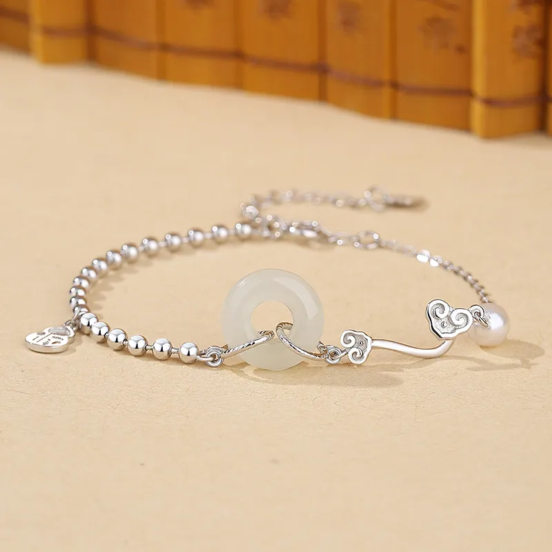 Fu Ru Ji Hetian Jade S925 Silver Bracelet Women's Pale Greenish White Jade-2