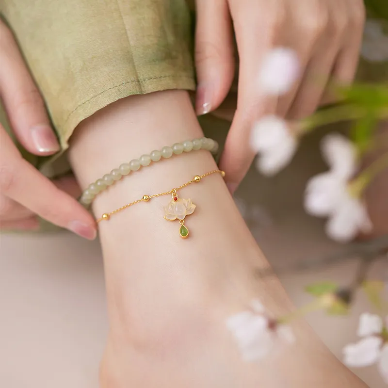 Fu Ru Ji Hetian Jade 925 Sterling Silver Anklet Women's Pale Greenish White Jade-4