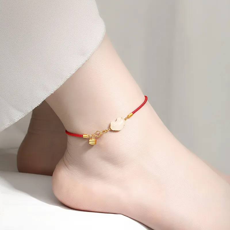 Fu Ru Ji Hetian Jade S999 Silver Anklet Women's Pale Greenish White Jade-5