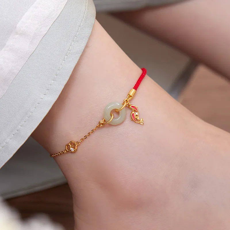 Fu Ru Ji Hetian Jade 925 Sterling Silver Anklet Women's Pale Greenish White Jade-3
