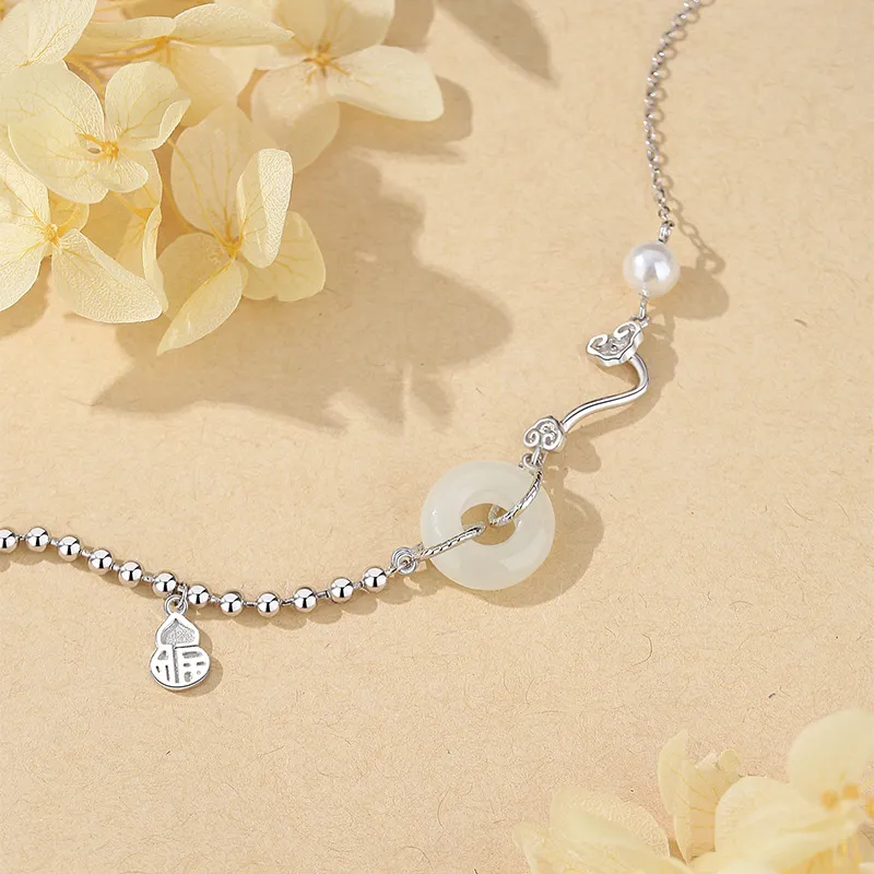 Fu Ru Ji Hetian Jade S925 Silver Bracelet Women's Pale Greenish White Jade-4