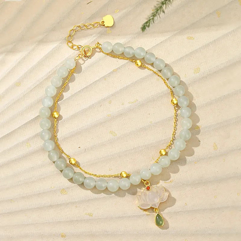Fu Ru Ji Hetian Jade 925 Sterling Silver Anklet Women's Pale Greenish White Jade-2