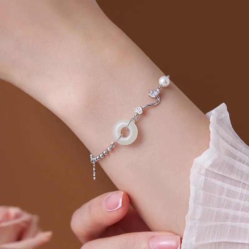 Fu Ru Ji Hetian Jade S925 Silver Bracelet Women's Pale Greenish White Jade-5