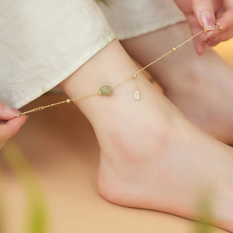 Fu Ru Ji Hetian Jade 925 Sterling Silver Anklet Women's Green Jade-3